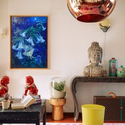 纯手绘原创蓝色月色下的曼陀罗植物花卉北欧风格单幅原稿客厅油画