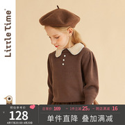 littletime女童毛衣法式羊腿袖针织衫秋季复古儿童娃娃领线衫