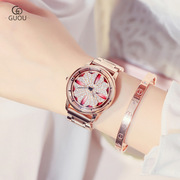 女士钢带石英表玫瑰合金潮流水钻，手表时尚潮流，圆形普通国产腕表