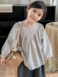 女童装条纹衬衫春季韩版蝙蝠袖，宽松衬衣复古文艺日系棉质长袖上衣