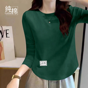 长袖t恤女秋季韩版设计感贴布打底(布打底)衫，品质纯棉圆领遮肉ins上衣