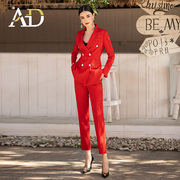 AD年会正红色西装套装女英伦风时尚干练总裁职业装主持人商务正装