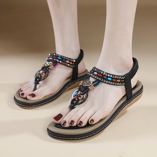 波西米亚凉鞋女夏季民族，风串珠水钻，夹脚趾平底沙滩罗马鞋黑色