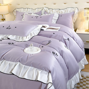 小清新冰丝四件套丝绸裸睡，夏季天丝床单，被套丝滑公主仙女紫色床品