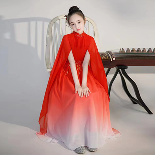 儿童礼服高端女童弹古筝，演出服中国风主持人民乐，演奏艺考礼服红色