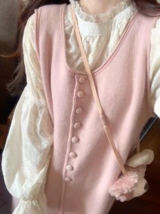 韩系甜美温柔粉色fufu圆领一排扣织背心裙23秋冬中长款连衣裙