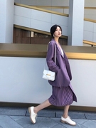 韩系简约大码紫色秋季温柔气质翻领西装搭设计R感百褶半身裙两件