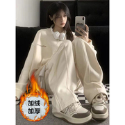 宽松大码运动套装女冬季加绒加厚学生韩版时尚，卫衣休闲两件套