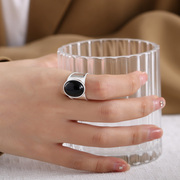 古罗珠宝s925纯银戒指小众设计冷淡风宽面黑玛瑙银戒轻奢简洁指环
