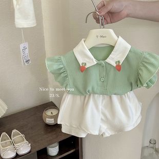 巴拉巴柆韩版女童夏装韩系娃娃领t恤2023女宝宝，棉质甜美荷叶袖po