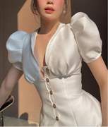 夏季欧美大码女装白色泡泡袖法式设计感领连衣裙小个子短袖中腰