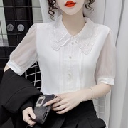 娃娃领雪纺白色衬衫女短袖2023夏季洋气，减龄小衫时尚超仙上衣
