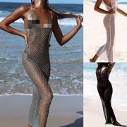 夏沙滩旅行手钩黑色波西米亚性感镂空针织渔网比基尼罩衫吊带长裙