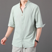 棉麻中袖衬衫7分袖男士2024夏季V领衬衣男装休闲中国风立领潮