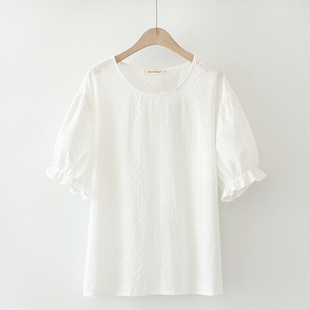 2023夏季韩版女士上衣胖MM圆领棉布绣花喇叭短袖白色娃娃衫