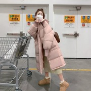 粉色棉衣女连帽中长款2023冬季小众设计感棉服宽松小个子外套