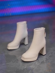 韩版简约防水台高跟短靴2023秋冬方头后拉链瘦瘦靴粗跟马丁靴女靴