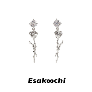 Esakoochi白色恋人~原创银色玫瑰花耳环小众设计高级感耳钉耳饰