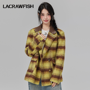 lacrawfish韩系学院风复古撞色格纹拼接绒感加厚西装毛呢外套女