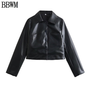 BBWM  欧美女装时尚翻领短款皮衣夹克外套 04735765800