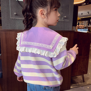 女童卫衣秋装2023洋气儿童，条纹娃娃领上衣小女孩韩版长袖t恤