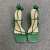 绿色高跟凉鞋性感2022夏季粗跟绑带，夹趾方头女鞋罗马风大码鞋
