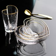心形沙拉碗方形创意家用水果盘，甜品碗透明盘子日式金边锤纹玻璃碗