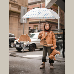 史豌豆(史豌豆)女童加厚一体，皮毛复古外套，2023冬季小女孩时髦洋气上衣
