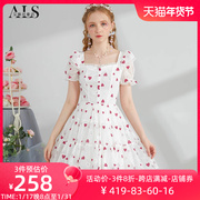 艾丽丝2024夏季白色印花短款连衣裙蕾丝短袖甜美蛋糕裙公主裙