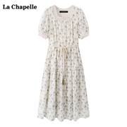 拉夏贝尔/La Chapelle小清新绿色雪纺碎花连衣裙女夏短袖收腰裙子