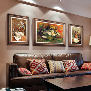 美式装饰画客厅沙发背景墙挂画复古卧室，轻奢壁画欧式花卉油画梵高