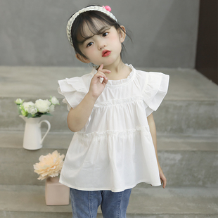 女童衬衫2024夏白色短袖洋气时髦小飞袖娃娃领薄款上衣打底衫