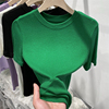 2024夏季冰丝短袖绿色，针织衫女修身欧货t恤薄款打底圆领上衣