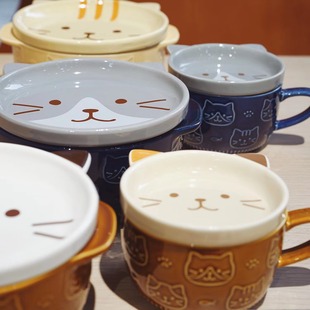 躲猫猫。一宅日式可爱陶瓷汤碗泡面，碗带盖卡通大容量马克杯杯子