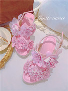 2023夏季草编坡跟一字带凉鞋，粉色甜美少女，花朵串珠欧洲站女鞋
