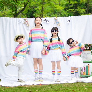 儿童演出服彩虹条纹长袖T白色蓬蓬裙纱裙男女可爱舞蹈服啦啦队服