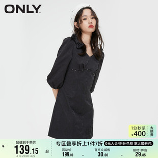 only奥莱夏季甜美蝴蝶结，印花七分袖收腰连衣裙女