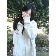 美式潮牌白色连帽开衫卫衣女春秋oversize宽松高街薄款外套上衣服