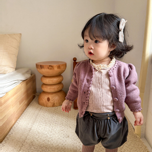 韩版童装秋季女童手钩圆领，开衫毛衣洋气加厚复古毛线外套百搭上衣