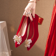 婚鞋高跟鞋粗跟低跟红色喜庆新娘，鞋尖头单鞋结婚婚宴敬酒秀禾鞋潮
