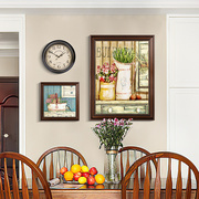 客厅复古挂画带钟表餐厅，装饰画美式背景墙，壁画时钟餐桌欧式油画