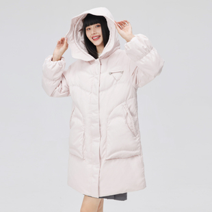 艾莱依鸭绒粉色羽绒服2022年冬季女款中长款时尚甜美连帽外套