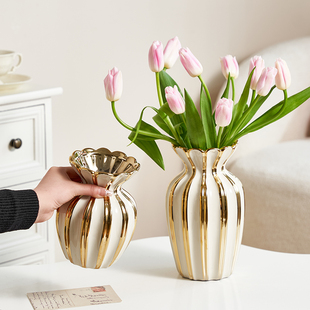 美式复古花瓶摆件客厅插花轻奢高级感陶瓷白色，水养鲜花玫瑰郁金香