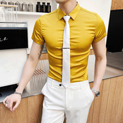 冰丝光滑料衬衫男装短袖修身韩版潮流帅气商务白衬衣真丝纯色半袖