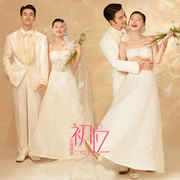 2024影楼拍照主题服装韩式情侣室内婚纱摄影白色蕾丝抹胸礼服