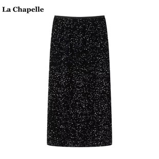 拉夏贝尔lachapelle丝绒亮片，半身裙女高级感气质，黑色开叉包臀裙