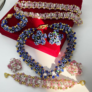 中古vintage穆拉诺立体花朵琉璃古董西洋耳夹手链项链套装
