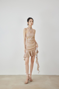 设计师品牌MOOD X MIURA香槟色银丝荷叶边褶皱连衣裙
