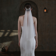 v840双层珍珠头纱超仙白色，新娘结婚出门纱旅拍水钻软纱头饰