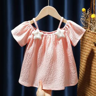 2024女童装露肩吊带女宝宝雪纺短袖T恤婴幼童洋气衬衫上衣